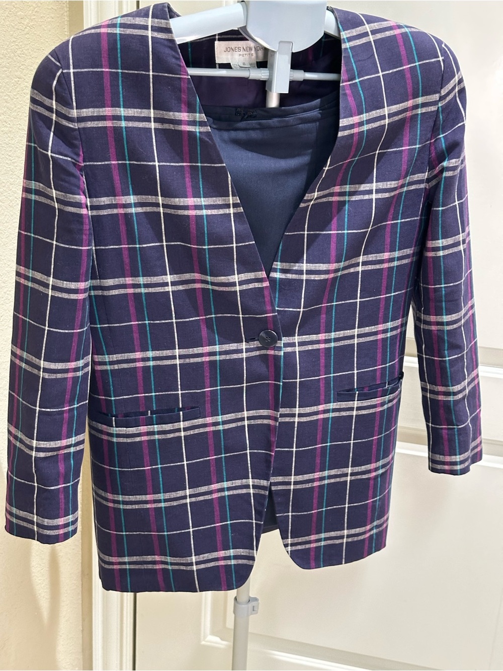 Jones New York Navy Plaid skirt suit with Purple & Teal Accents